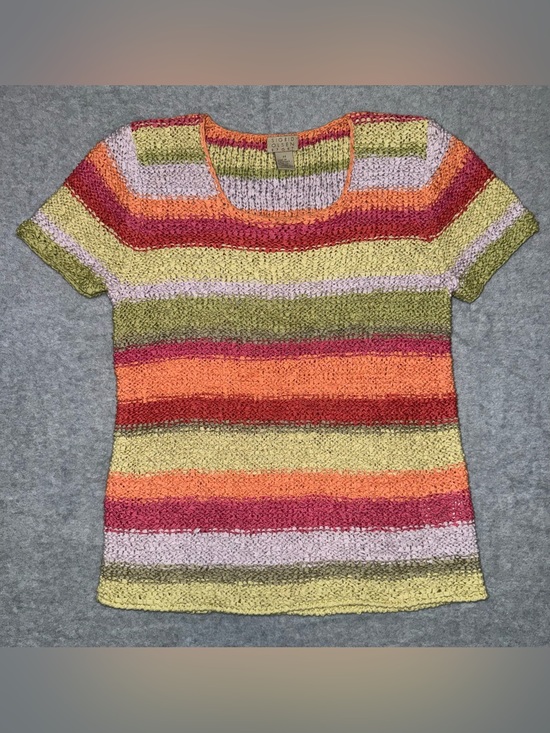 Sigrid Olsen Tops - Sigrid Olsen Crochet Striped Short Sleeve Top in Yellow, Orange, Pink and Green